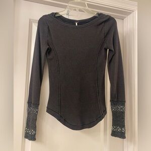 Free People Dark Gray Long Sleeve Top with Patterned Cuffs